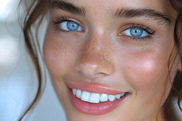 Obraz premium Beautiful young woman female smiling showing perfect white teeth. Dental stomatology whitening and treatment advertisement concept.