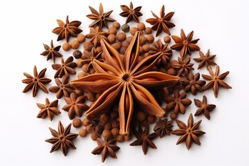 A close up of a star shaped spice with a bunch of other spices around it