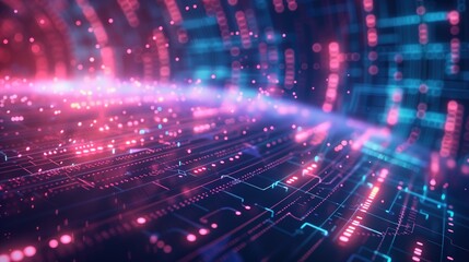 Naklejka premium A vibrant, futuristic scene of a digital background with glowing pink and blue lights, dynamic patterns, and flowing data streams