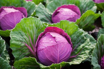 A bunch of purple cabbage with green leaves