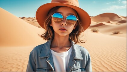 beautiful kid girl on desert background fashion portrait posing with hat and sunglasses