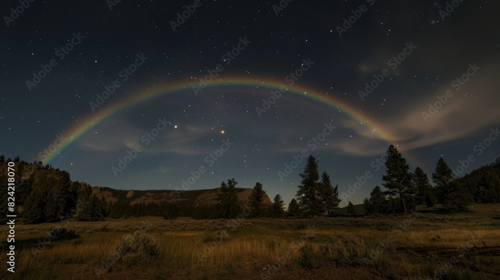 Poster against the dark canvas of the night a moonbow dances in the sky its colors blending and separating 