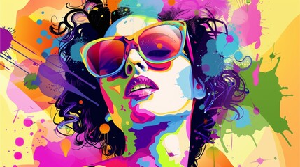 Naklejka premium An attention-grabbing digital illustration of a woman with sunglasses and curly hair in psychedelic colors, wearing colorful splash paint glasses. The artwork should emphasize her dynamic pose