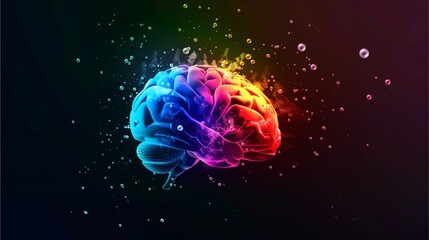 A colorful rainbow brain is seen against a dark background, symbolizing the concept of mental health and awareness. The pearl symbolism represents spa products in the style of relaxation.