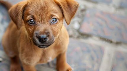 A brown puppy stares at the camera.