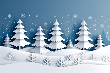 Fototapeta premium winter landscape with trees and snow, snow fall in the forest, white papercut style Christmas trees 