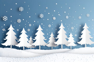 winter landscape with trees and snow,  snow fall in the forest, white papercut style Christmas trees 