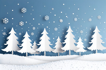 Naklejka premium winter landscape with trees and snow, snow fall in the forest, white papercut style Christmas trees 