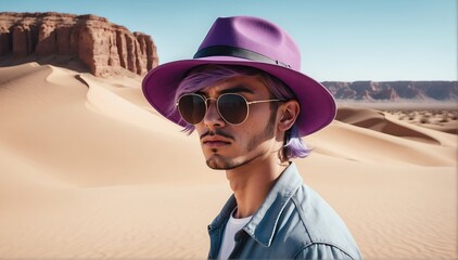 handsome young purple hair guy on desert background fashion portrait posing with hat and sunglasses