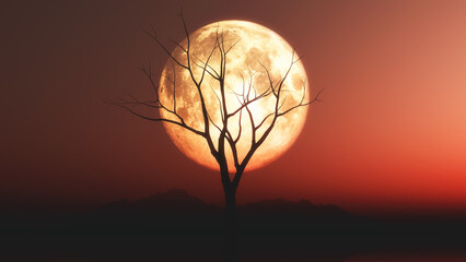 A majestic old tree stands silhouetted against the crimson glow of a moonlit sky, creating a hauntingly beautiful landscape.