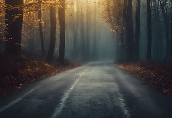 Naklejka premium A misty forest road at dawn with sunlight filtering through the trees, creating a serene and mysterious atmosphere.