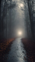 Fototapeta premium A foggy forest path illuminated by a mysterious light in the distance. The scene is eerie and atmospheric, with tall trees and fallen leaves on the ground.