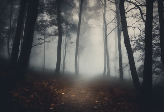 A foggy forest path with tall trees and fallen leaves on the ground, creating a mysterious and eerie atmosphere. - Powered by Adobe