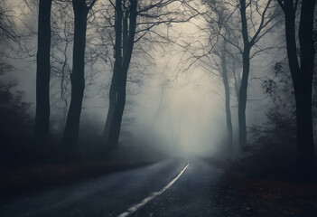 Obraz premium A foggy forest road with tall, bare trees on either side. The atmosphere is eerie and mysterious, with the road disappearing into the dense fog.