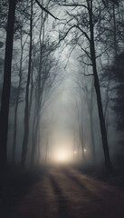 Fototapeta premium A foggy forest path illuminated by a mysterious light in the distance, with tall trees casting long shadows.