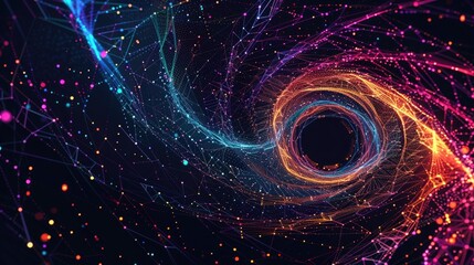 Colorful vector illustration of a wireframe pattern with a black hole in the center, the lines forming an intricate spiral design on a dark background. Abstract digital art