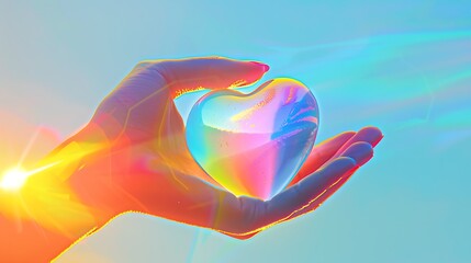 A dynamic graphic featuring a hand reaching out to hold a radiant rainbow heart, reflecting the connection and support shared during pride month.