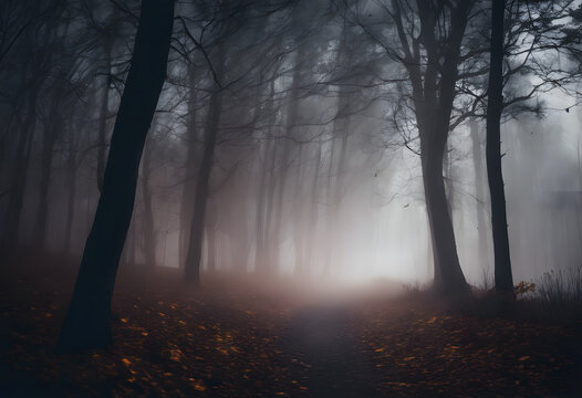 A foggy forest with tall, bare trees and a path covered in fallen leaves. The atmosphere is eerie and mysterious with limited visibility due to the dense fog.