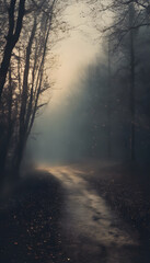Obraz premium A misty forest path with sunlight filtering through the trees, creating an ethereal atmosphere. The path is wet, and the surrounding trees are bare, suggesting a late autumn or early winter setting.