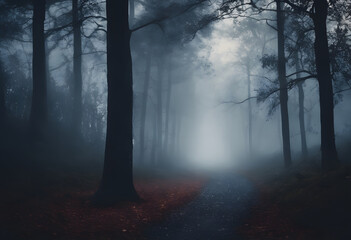 Obraz premium A foggy forest with tall trees and a path leading into the mist. The atmosphere is eerie and mysterious, with dim lighting and shadows.