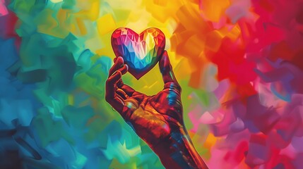 A playful depiction of a hand holding a rainbow heart aloft, radiating joy and acceptance in honor of pride month.