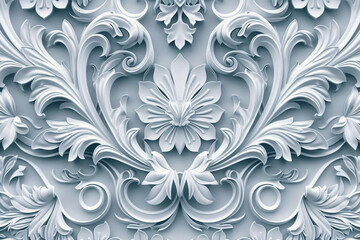 Detailed floral abstract pattern in soft hues of gray and white, forming an elegant, intricate design