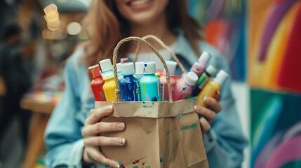 Young female artist holding a paper bag full of paint bottles. She is smiling and looking at the...