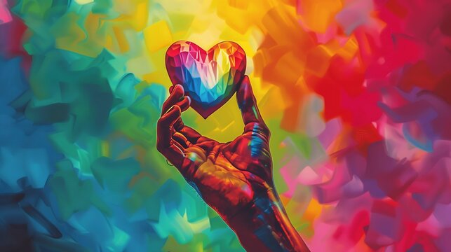 A playful depiction of a hand holding a rainbow heart aloft, radiating joy and acceptance in honor of pride month.