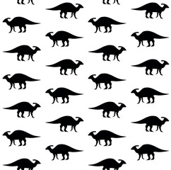 Vector seamless pattern of flat hand drawn parasaurolophus dinosaur silhouette isolated on white background