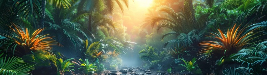 Background Tropical. Enveloped by verdant foliage, the rainforest transforms into a symphony of green, where each leaf, vine, and branch adds to the harmonious and constantly shifting melody.