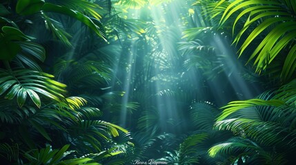 Background Tropical. Amidst the dense foliage, the rainforest becomes a symphony of green, where every leaf, vine, and branch plays a part in the harmonious and ever-evolving melody of the forest.