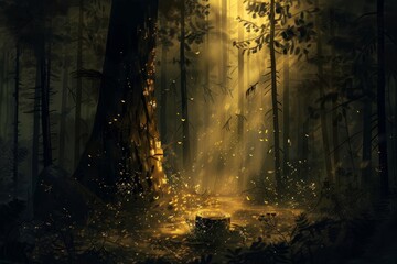 light beam in dark forest with anthill in foreground digital paintings