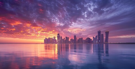 Landscape of the city skyline seen at sunset with the sea in front, and colorful clouds in the sky