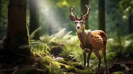 Naklejka premium A deer stands in a forest with its antlers raised