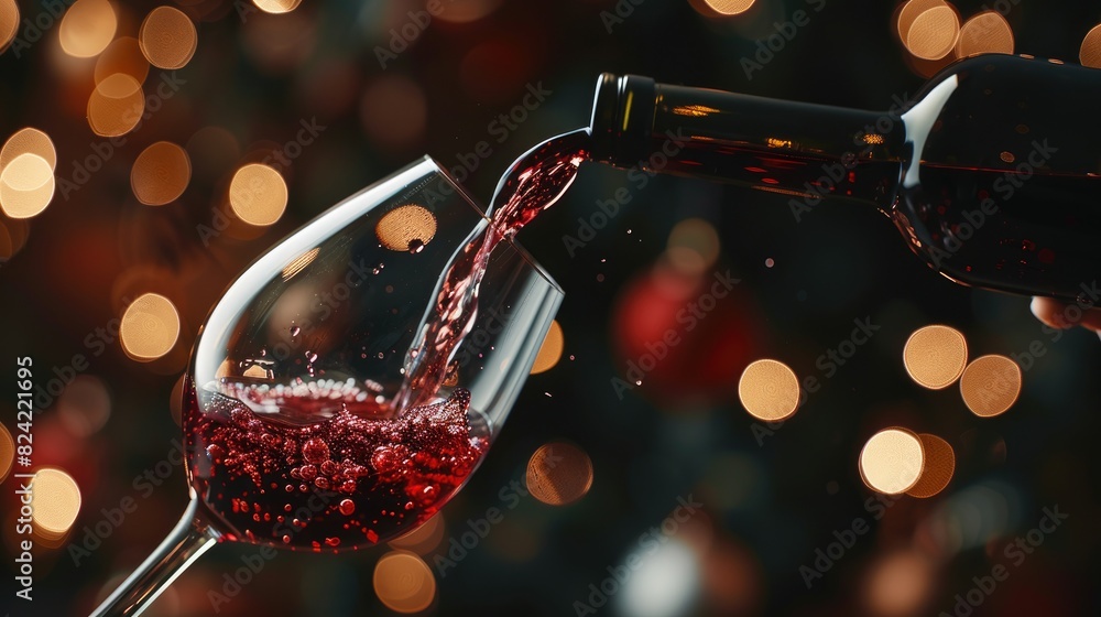 Poster red wine being poured into a glass on a dark background with blurred lights in closeup view area ava