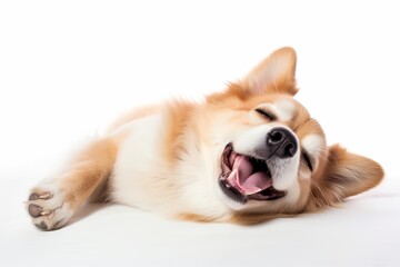 A dog is laying on a white surface with its mouth open and tongue hanging out