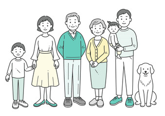 三世代の家族とペットが集合した全身イラスト	
