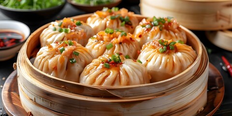 Steamed bun filled with savory ingredients a type of dim sum. Concept Steamed bun, Savory, Dim sum, Chinese cuisine