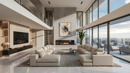 Stunning 3D Render of a Luxurious Living Room with High Ceilings