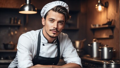handsome chef guy model retro fashion portrait posing in studio background