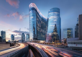 Obraz premium The business district's tasteful curved architecture, with glass and steel exteriors, stands tall on the skyline at dusk