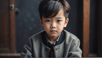 handsome kid asian boy model retro fashion portrait posing in studio background