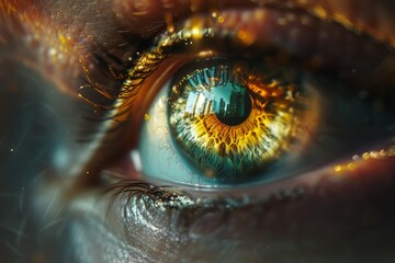 Realistic hologram of human eye and real eye close-up.Laser eye surgery, cataract, ophthalmologist
