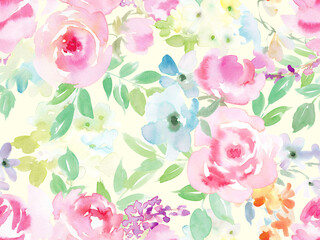 Seamless pattern of softly colored watercolor-painted roses and flowers