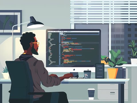 A developer codes late into the night illuminated by his monitor and desk lamp