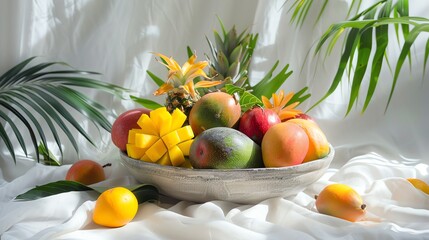 A beautiful arrangement of tropical fruits, including mangos, pineapple, and passion fruit.