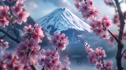 The image is a beautiful landscape of Mount Fuji in Japan. The mountain is covered in snow and...