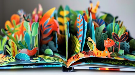 Amazing colorful 3D pop-up book with a jungle theme. The book has intricate details and bright...