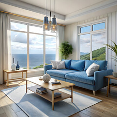 Fototapeta premium cozy living room with a blue sofa a coffee table