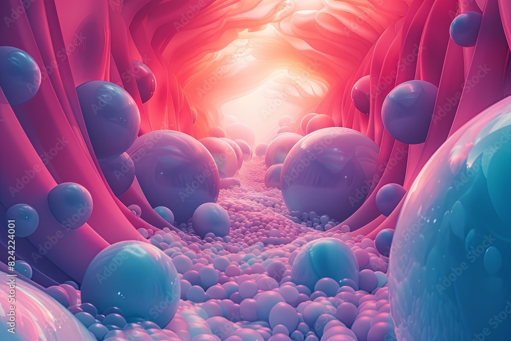 Fototapete 3d rendering of an abstract organic structure with a smooth pink surface covered in small blue and p
